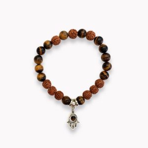 Kugelarmband Tigerauge und Rudraksha Perlen mit Fatimas Hand Charm