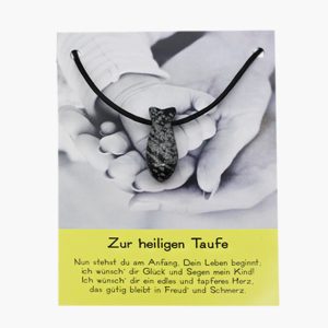 „Zur heiligen Taufe“ Schneeflockenobsidian Fisch Anhänger gebohrt auf großer Karte