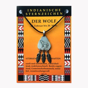 Anhänger Wolf 20.2.-20.3.- Indianische Sternzeichen aus Zinn auf großer Karte