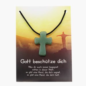 „Gott beschütze dich“ Aventurin Kreuz Anhänger auf grosser Karte