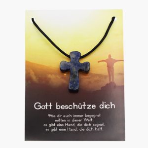 „Gott beschütze dich“ Sodalith Kreuz Anhänger auf grosser Karte