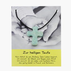 „Zur heiligen Taufe“ Pilgerkreuz Anhänger aus Amazonit auf großer Karte