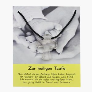 „Zur heiligen Taufe“ Pilgerkreuz Anhänger aus Bergkristall auf großer Karte