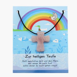 „Zur heiligen Taufe“ Rosenquarz Pilgerkreuz Anhänger auf großer Karte