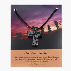 „Zur Kommunion“ Pilgerkreuz Anhänger aus Schneeflockenobsidian auf großer Karte