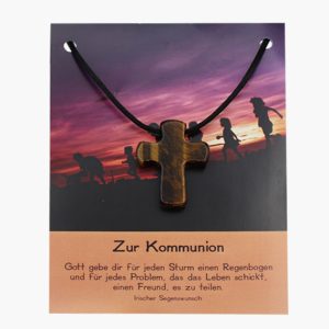 „Zur Kommunion“ Pilgerkreuz Anhänger aus Tigerauge auf großer Karte