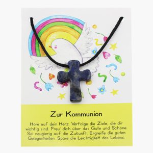 „Zur Kommunion” Sodalith Pilgerkreuz Anhänger auf großer Karte