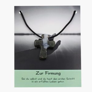 „Zur Firmung“ Moosachat Pilgerkreuz Anhänger auf großer Karte