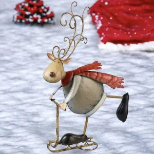 Weihnachtsfigur Metall Rentier mit Schneeroller Höhe 52 cm