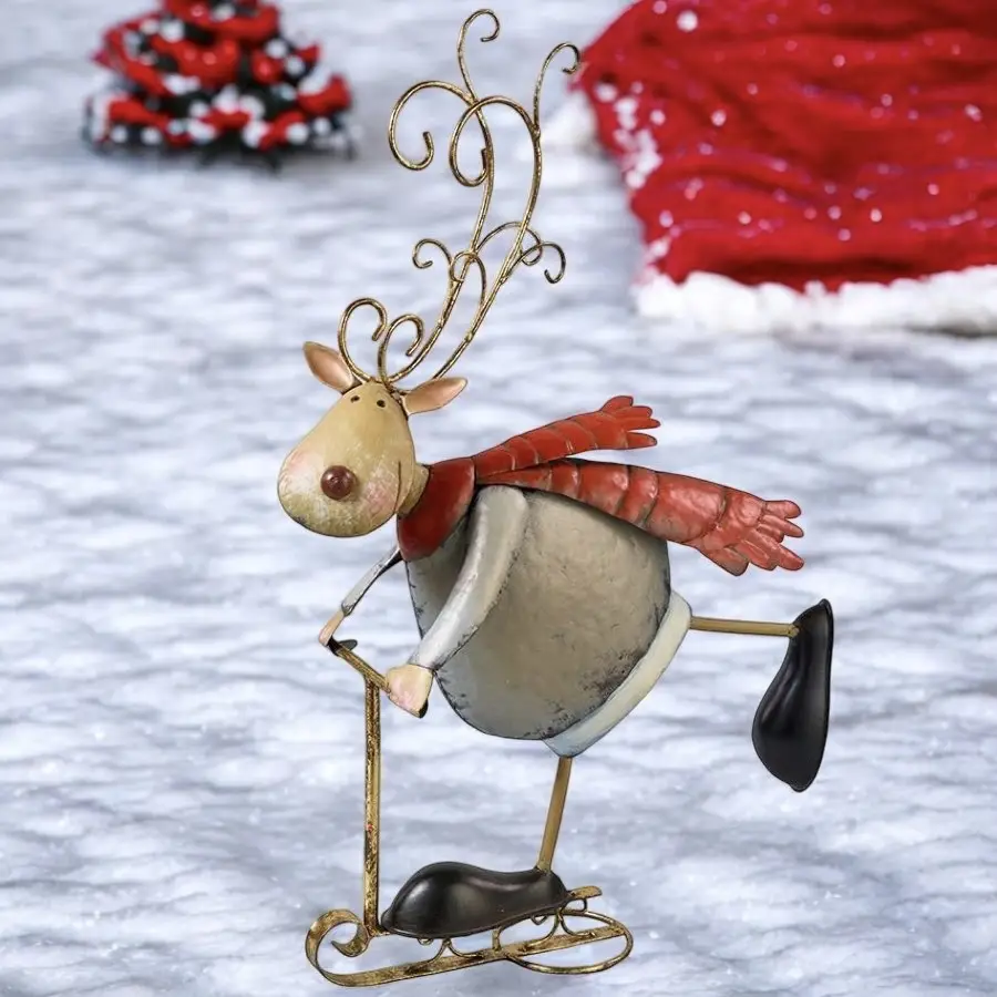 Weihnachtsfigur Metall Rentier mit Schneeroller Höhe 52 cm