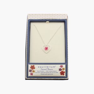 Kette Anhänger Herz mit echter pinker Blume silberfarben in Geschenkbox