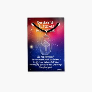 Bergkristall Energie Amulett mit Keltisches Hochkreuz Gravur auf kleiner Karte