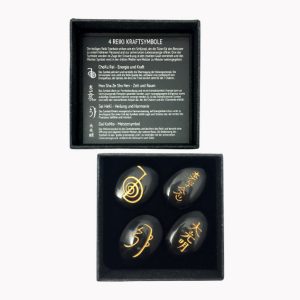 Apachenträne (Rauchobsidian) Reiki-Symbole Steine Set Goldgravur mit Aufbewahrungsbox