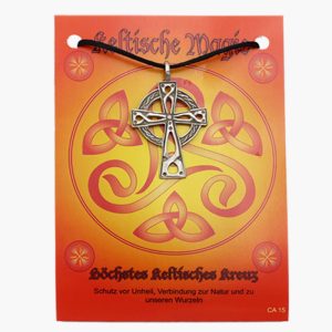 Keltische Magie Amulett aus Zinn Höchstes Keltisches Kreuz auf großer Karte mit Infoheft