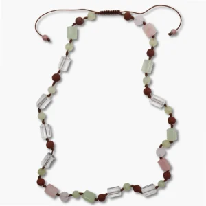 Freeform Kette aus Bergkristall, Rosenquarz, Serpentin und Rudraksha