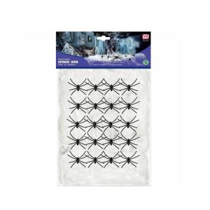 Halloween-Dekoration: Spinnennetz mit 20 Spinnen, weiß, 500g