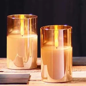 LED Kerze im Glas mit Timer gold 7×10 | 7×12 | 7×15 cm