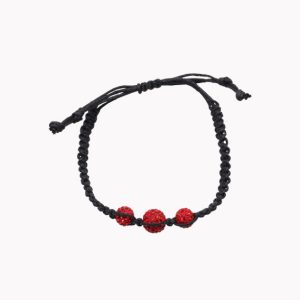 Armband geflochten mit Shamballa Perlen im Leinenbeutel Glitzer mit 3 Perlen rot