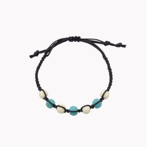 Armband geflochten mit Shamballa Perlen im Leinenbeutel mit 7 Perlen blau / weiß