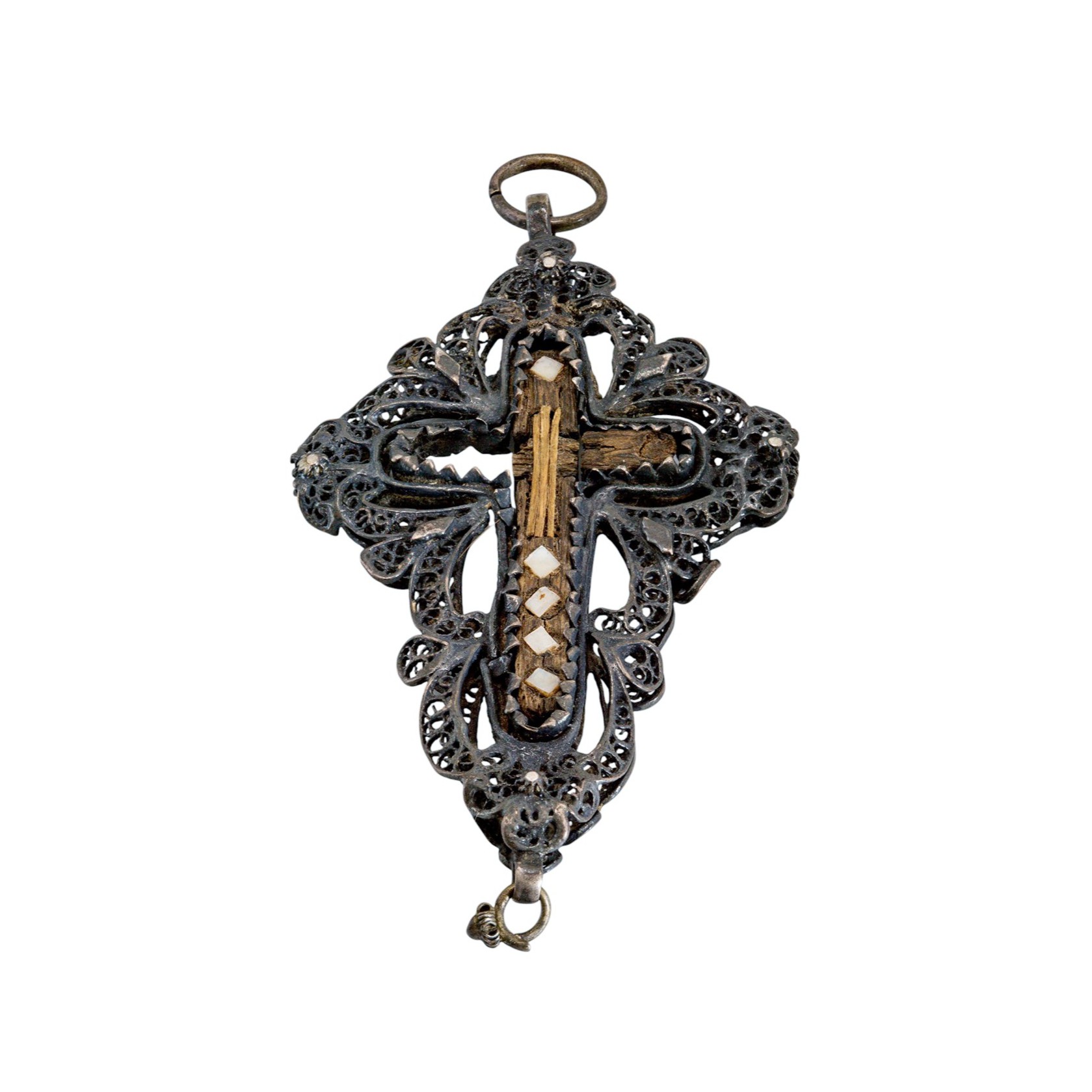 Rosenkranz Silberkreuz mit Holzeinlegearbeit & Perlmutt